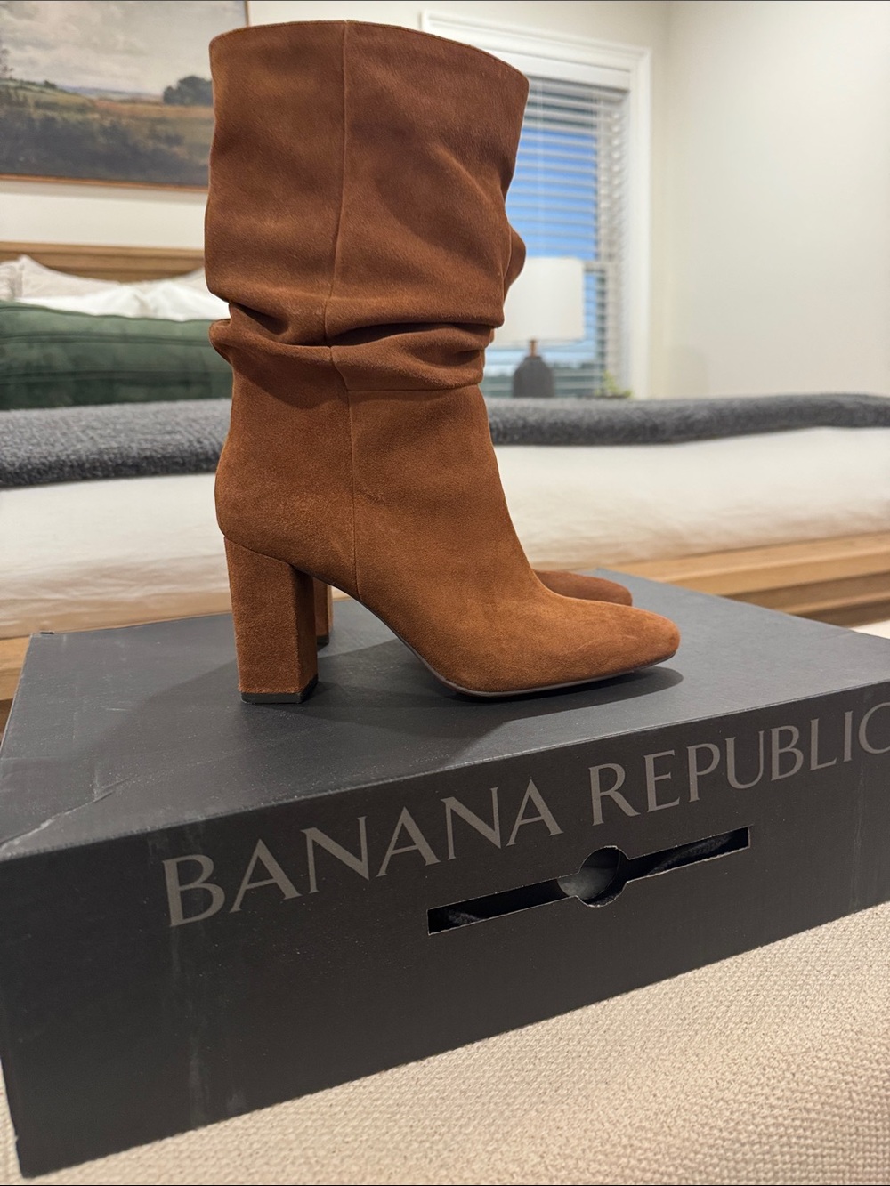 Banana Republic Women's Tan Suede Slouch Block Heel Boots